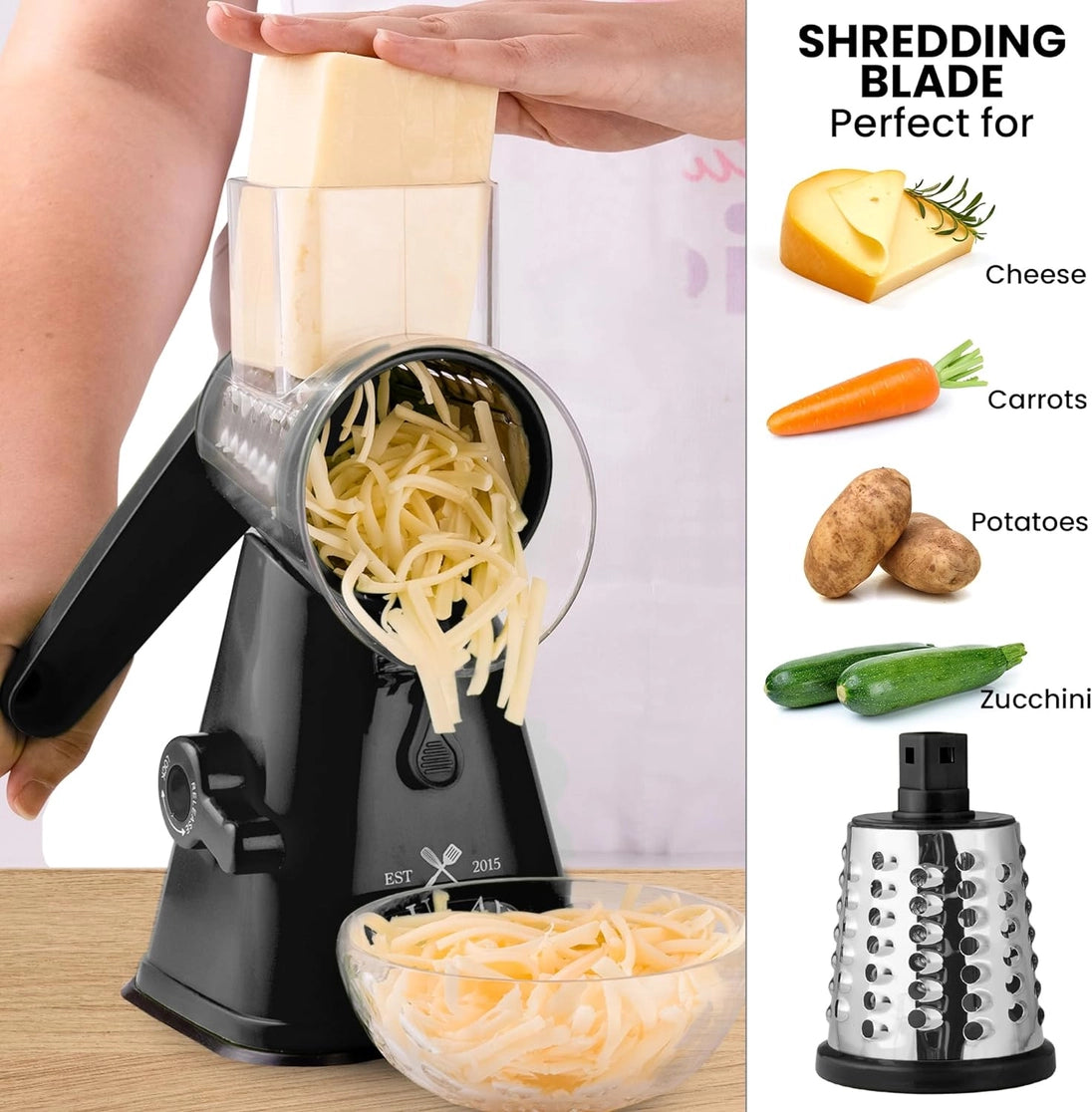 Rotary Cheese Grater with 3 Replaceable Drum Blades