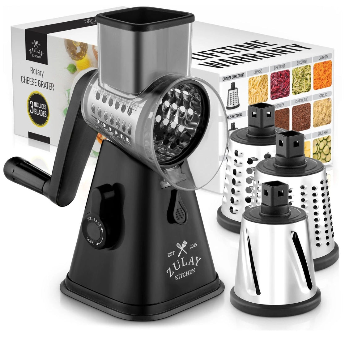 Rotary Cheese Grater with 3 Replaceable Drum Blades