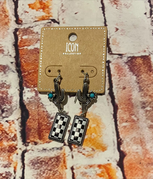 Black Checkerboard Turquoise Cactus Silvertone Earrings